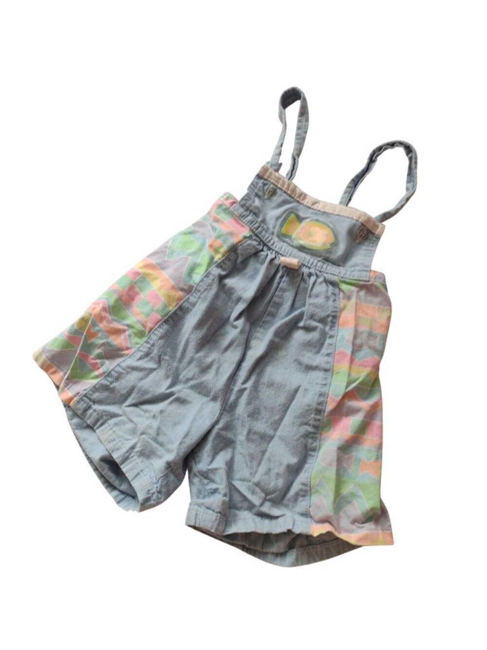 OshKosh Vitg 90s Denim Overalls 5 Neon Fish Print Tie Back Shortalls RARE